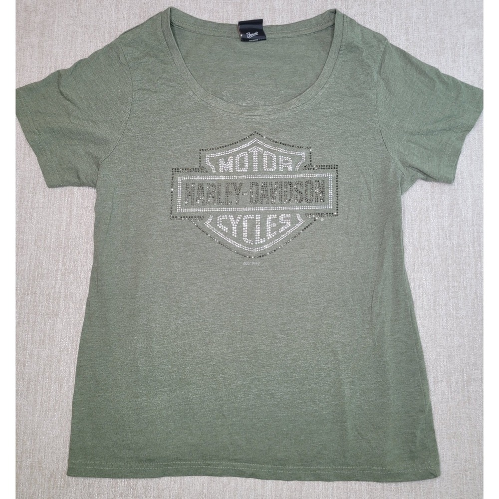 Harley Davidson Shirt Womens XL Green Sturgis Rhinestone Bar Shield Cotton Blend